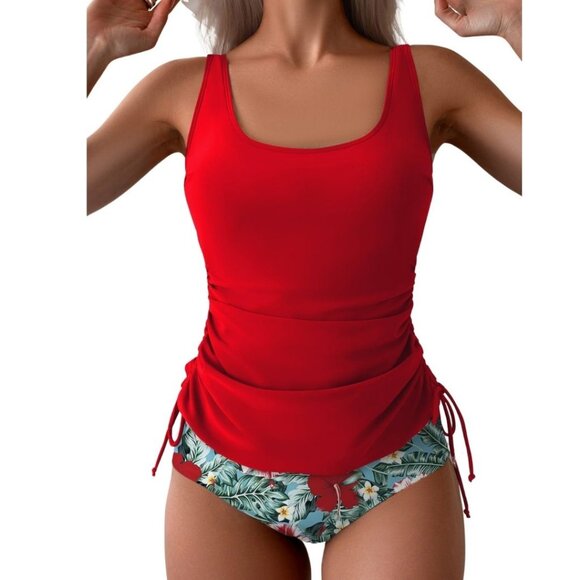Tankini Swimsuit Ruched Red Top Floral Hawaiian Bottom Size Med NWT #2076 - Picture 1 of 1